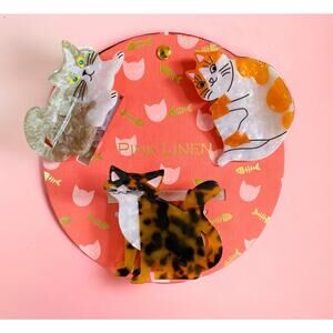 NEW Pink Linen Meow Cat Lady Grey Orange Cats Hair Claw Clip Accessory Set of 3